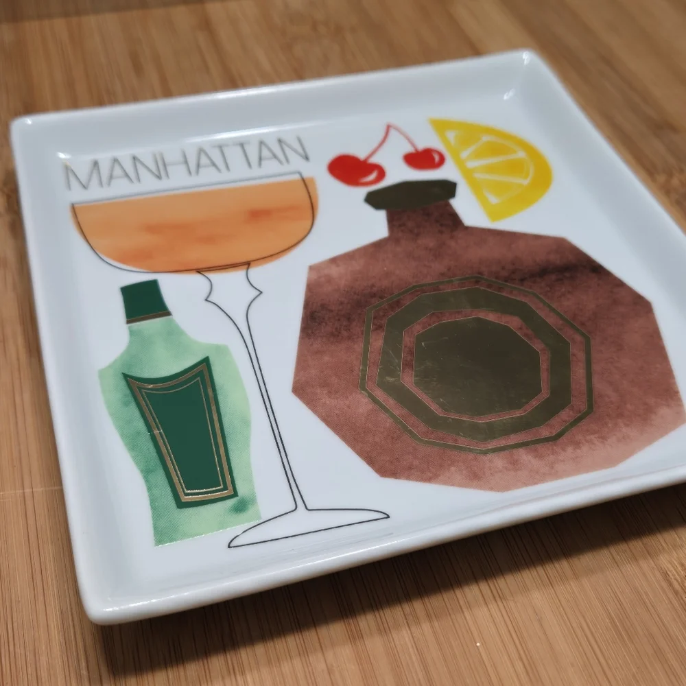 Crate & Barrel Manhattan Recipe Plate Trinket Dish Appetizer, recipe on back